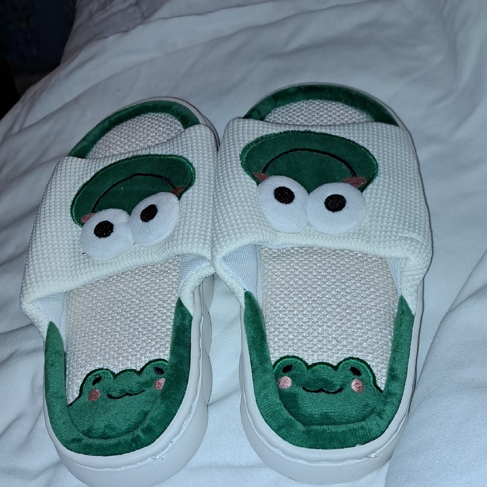 🛍Cute Green and White Frog Slippers (9-9.5)